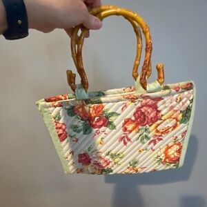 One of a kind Floral Quilted Tote Bag with Bamboo Handles